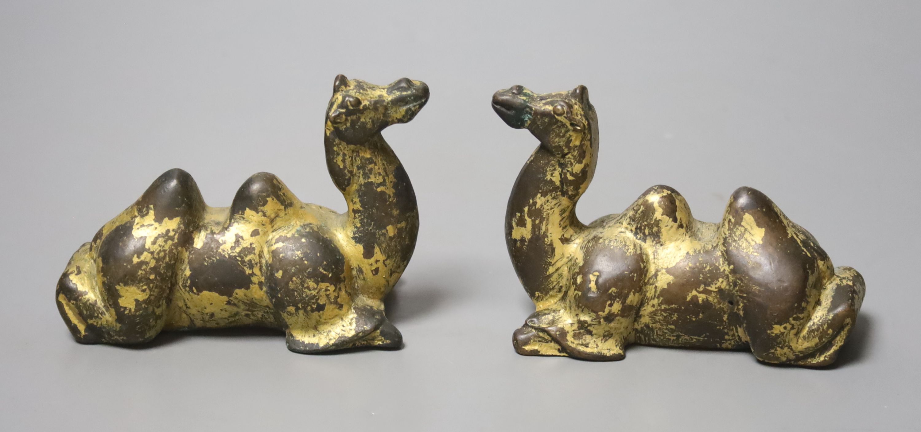 A pair of Chinese gilt bronze scroll weights, modelled as resting camels, 10cm long